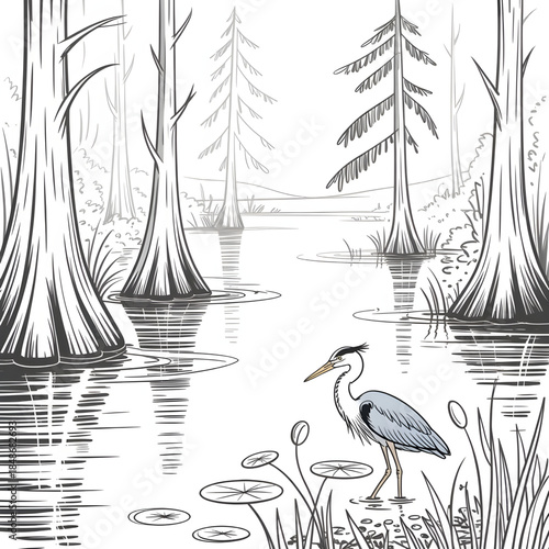 Wetland Heron Coloring Page Line Art Scene