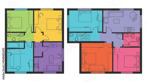 Colorful apartment floor plans illustrating room layouts and interior design concepts