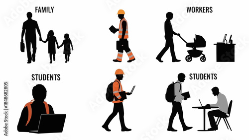 Silhouettes of people representing different life roles and activities.