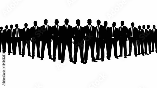 Silhouette of a large group of businessmen standing in a line.