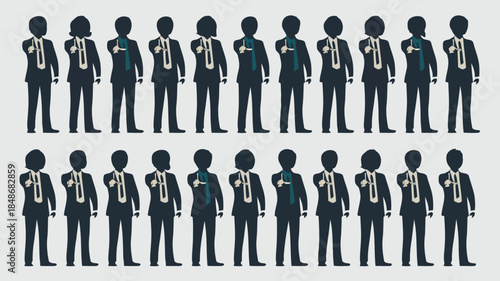 Diverse group of silhouetted business people in suits pointing forward representing teamwork and selection in a professional setting