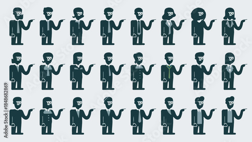 Diverse group of stylized business people in suits and ties pointing to the right side of the image