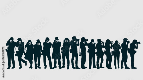 A diverse group of silhouetted photographers holding cameras and capturing moments against a clean light gray background