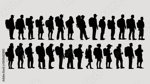 Diverse group of male and female hikers and travelers standing in two rows with backpacks ready for adventure and exploration