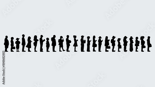 Diverse group of people in silhouette standing in a single line against a plain background