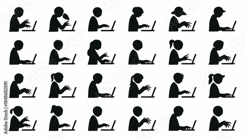 Diverse silhouettes of people of various ages and genders using laptops in profile view