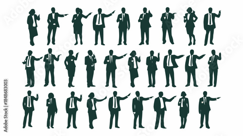 Diverse group of business professionals in silhouette men and women in suits pointing and gesturing in various poses