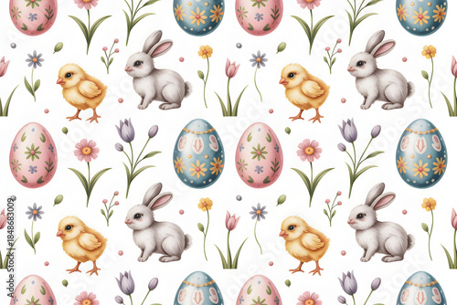 Easter pattern with bunnies chicks eggs and spring flowers