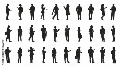 Collection of diverse business people silhouettes standing and interacting with technology and each other