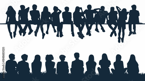 Diverse group of young people silhouetted sitting together in two rows on a white background with grass below