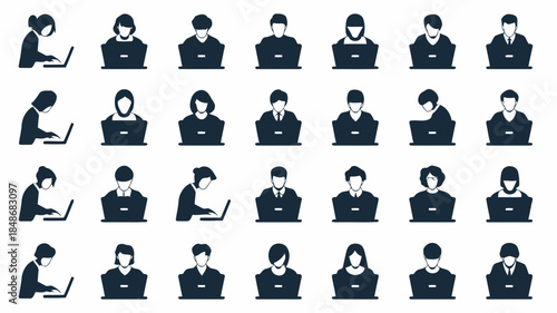Diverse group of people silhouettes working on laptops representing a modern workforce and digital connectivity in business and education