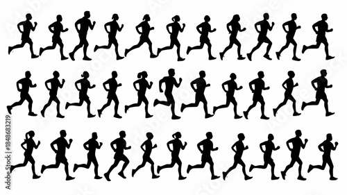Diverse group of male and female runners captured in silhouette form running together in a cohesive line