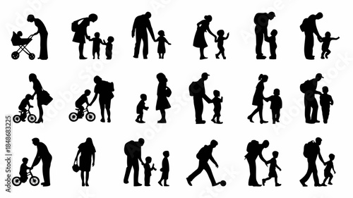 Collection of black silhouettes of parents and children engaging in various activities together outdoors