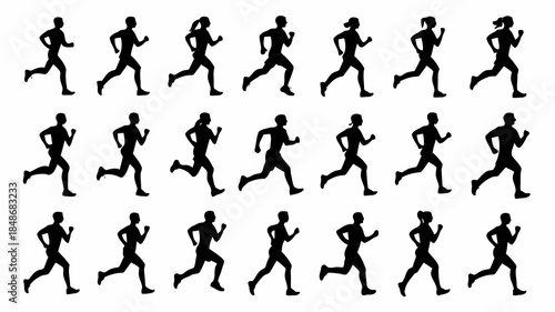 Collection of diverse male and female runner silhouettes in motion against a clean white background