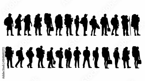 Collection of diverse male and female backpacker silhouettes with large backpacks and bags standing in two rows against a white background