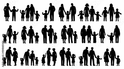 Diverse collection of black silhouettes representing families of various sizes and compositions holding hands and standing together