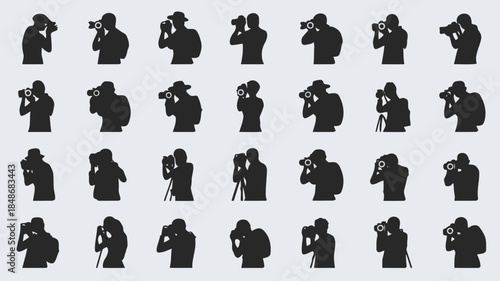 Collection of diverse silhouette figures capturing moments with cameras in various poses and styles