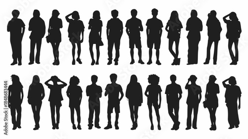 Diverse group of young men and women standing in silhouette against a white background showcasing various casual poses and styles