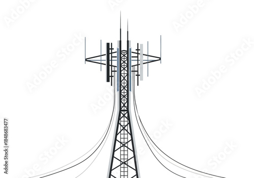 Telecommunication tower with multiple antennas and cables viewed from below against a plain background