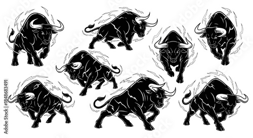 Black Bulls Illustration Set Charging Forward.