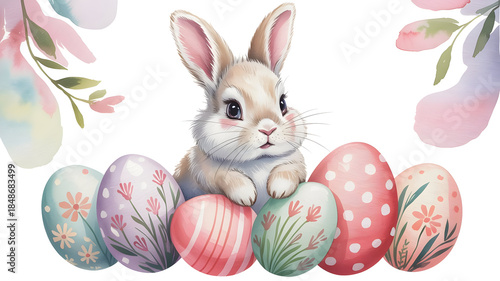 Easter bunny surrounded by colorful decorated eggs and floral elements