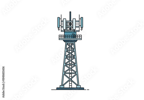 Telecommunications tower with antennas and equipment viewed from below in an industrial setting