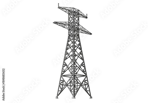 High voltage transmission tower with lattice structure standing tall against a clear sky viewed from below