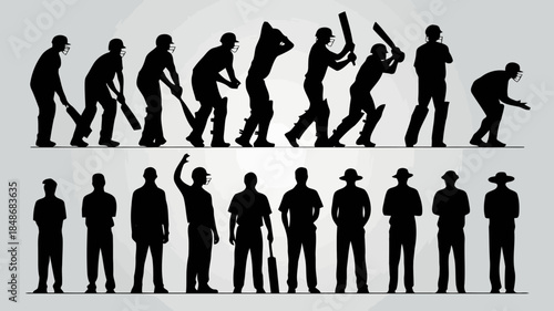 Collection of black silhouettes representing cricket players in various batting stances and fielders in different positions against a light gray background