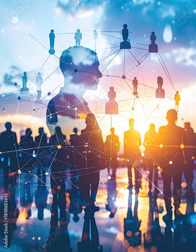 Double exposure image illustrating a professional silhouette overlaid with a digital network connecting abstract human figures against a vibrant sunset.