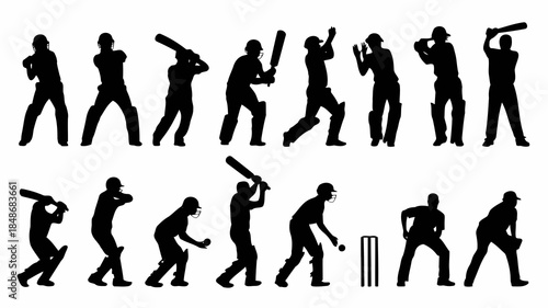 Collection of black silhouettes of cricket players in various batting bowling and fielding poses on a white background