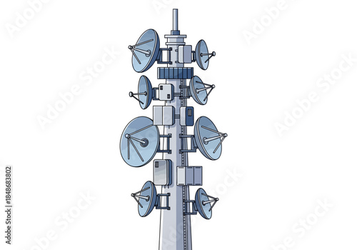 Telecommunication tower with multiple satellite dishes and antennas standing tall against a clear sky viewed from a slight angle
