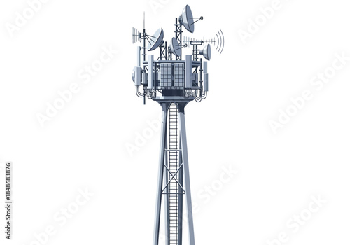 A tall telecommunication tower with antennas and equipment stands against a clear background viewed from below