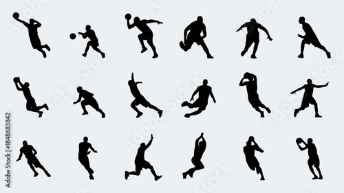 Collection of dynamic black basketball player silhouettes in various action poses on a plain background