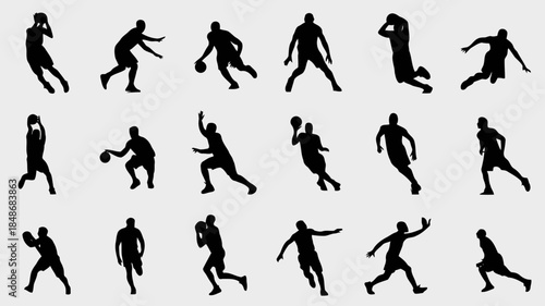 Collection of black silhouettes of basketball players in various dynamic poses on a light gray background