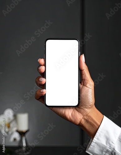 A close-up of a hand holding a smartphone with a blank white screen against a dark background.