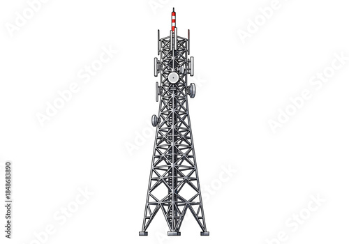 A tall metal communication tower with antennas stands upright viewed from the front