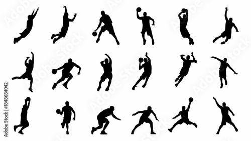 Collection of black silhouettes of basketball players in various dynamic poses on a white background