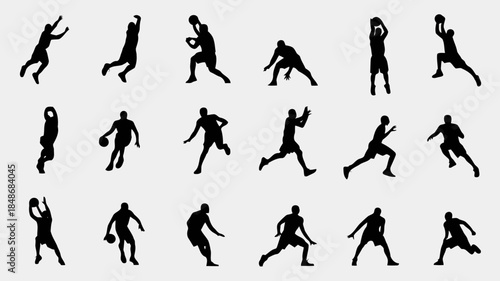 Collection of dynamic black silhouettes of male basketball players in various action poses on a white background