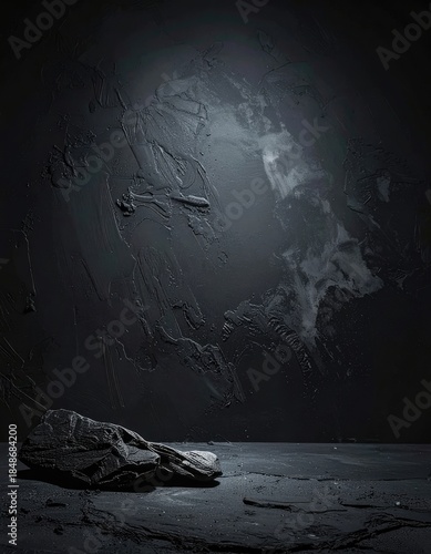 Dramatic close-up of dark, textured rock resting on a rugged, monochromatic surface against a stark backdrop.