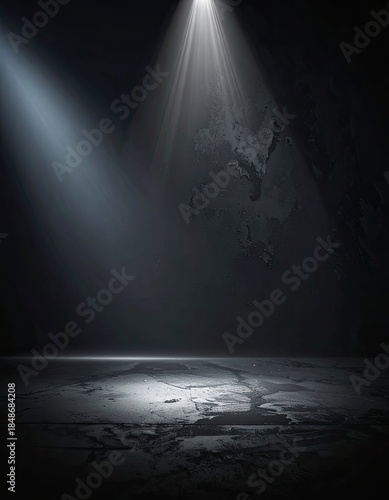 Dramatic dark stage illuminated by intense spotlights from above.