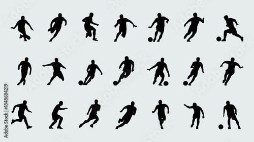 Collection of black silhouettes of soccer players in various poses and actions on a light gray background