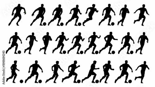 Collection of silhouettes of soccer players in various poses and actions on a white background