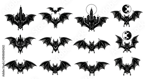 Collection of Black Bat Silhouettes and Icons.