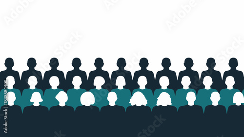 Diverse group of people silhouetted in rows with varying hair styles and clothing colors representing community and unity