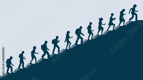 Silhouettes of diverse people climbing up a dark blue staircase against a light blue background symbolizing progress and teamwork