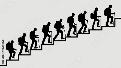 Silhouettes of hikers with backpacks and trekking poles ascending a staircase symbolizing progress and achievement