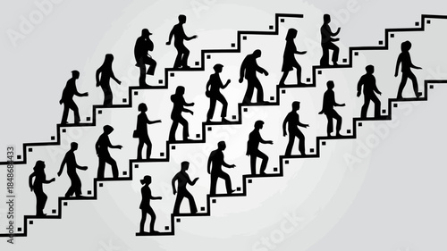 Diverse group of people in silhouette climbing up a stylized staircase representing progress and upward mobility