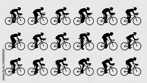 Seamless pattern of black cyclist silhouettes in various dynamic riding positions on a light gray background