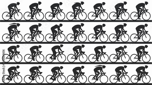 Seamless pattern of cyclists in silhouette riding bicycles in a race on a white background