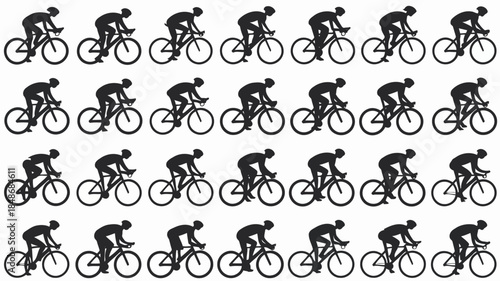 Seamless pattern of black cyclist silhouettes on bicycles in a repeating row formation against a white background